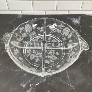 Vintage Heisey Rose Clear Crystal 9" Round 4 Part Relish Dish with Handles